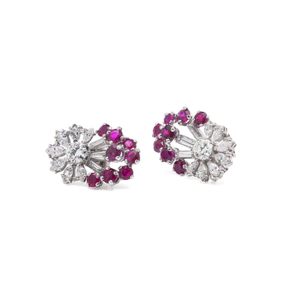 A pair of diamond and ruby fancy cluster stud earrings in platinum