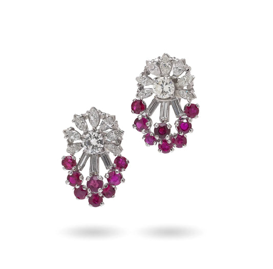 A pair of diamond and ruby fancy cluster stud earrings in platinum