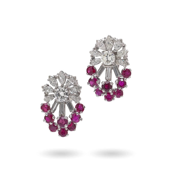A pair of diamond and ruby fancy cluster stud earrings in platinum