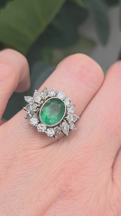 Vintage 2ct Emerald and Diamond Fancy Cluster Ring