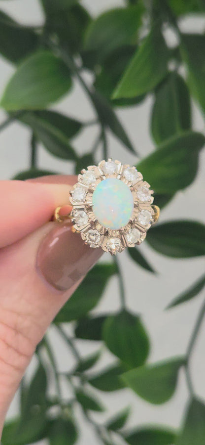 Vintage Opal and Diamond Oval Cluster Engagement Ring, 18ct Yellow gold.