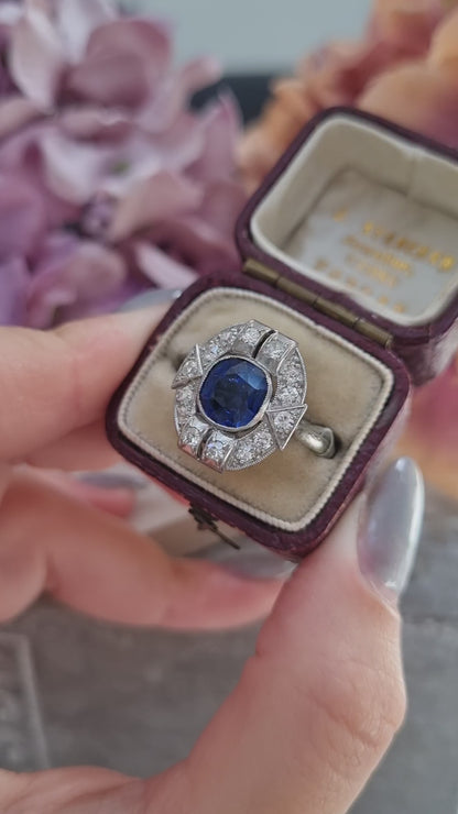 Art Deco French 1.87ct Sapphire and Diamond Cluster Plaque Ring in Platinum