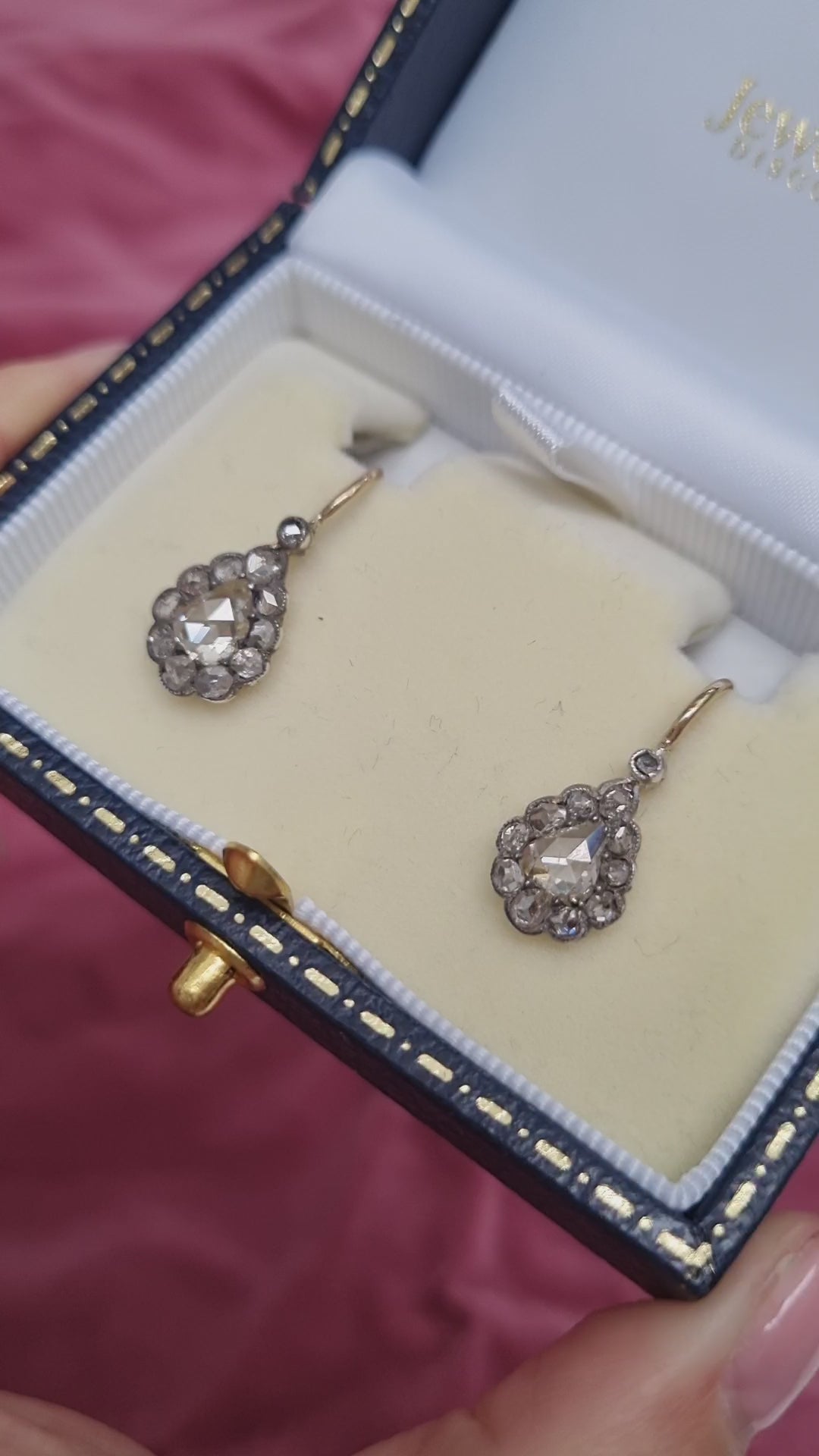 Antique Rose Cut Diamond Pear Shape Cluster Drop Earrings
