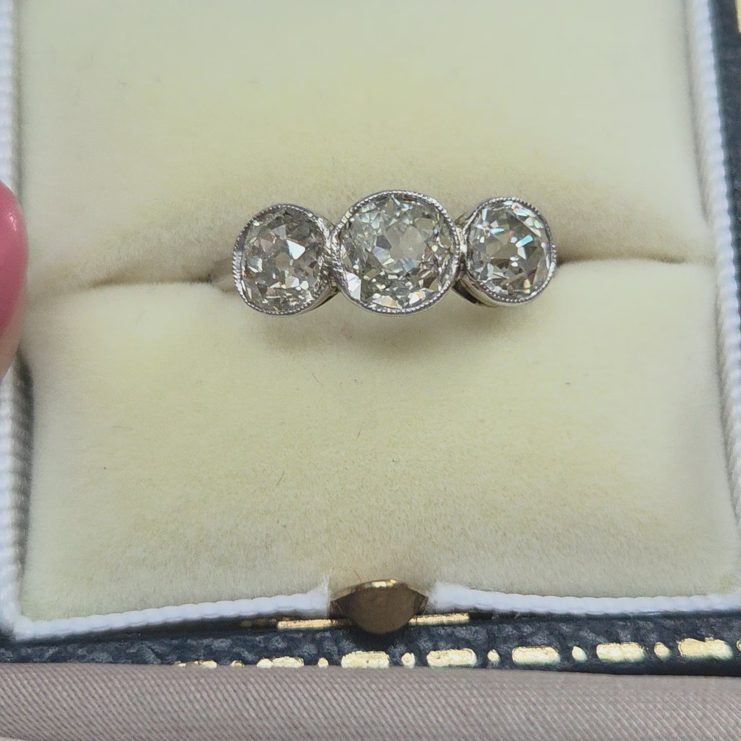 Antique 1.8ct Old European Cut Diamond Three Stone Engagement Ring