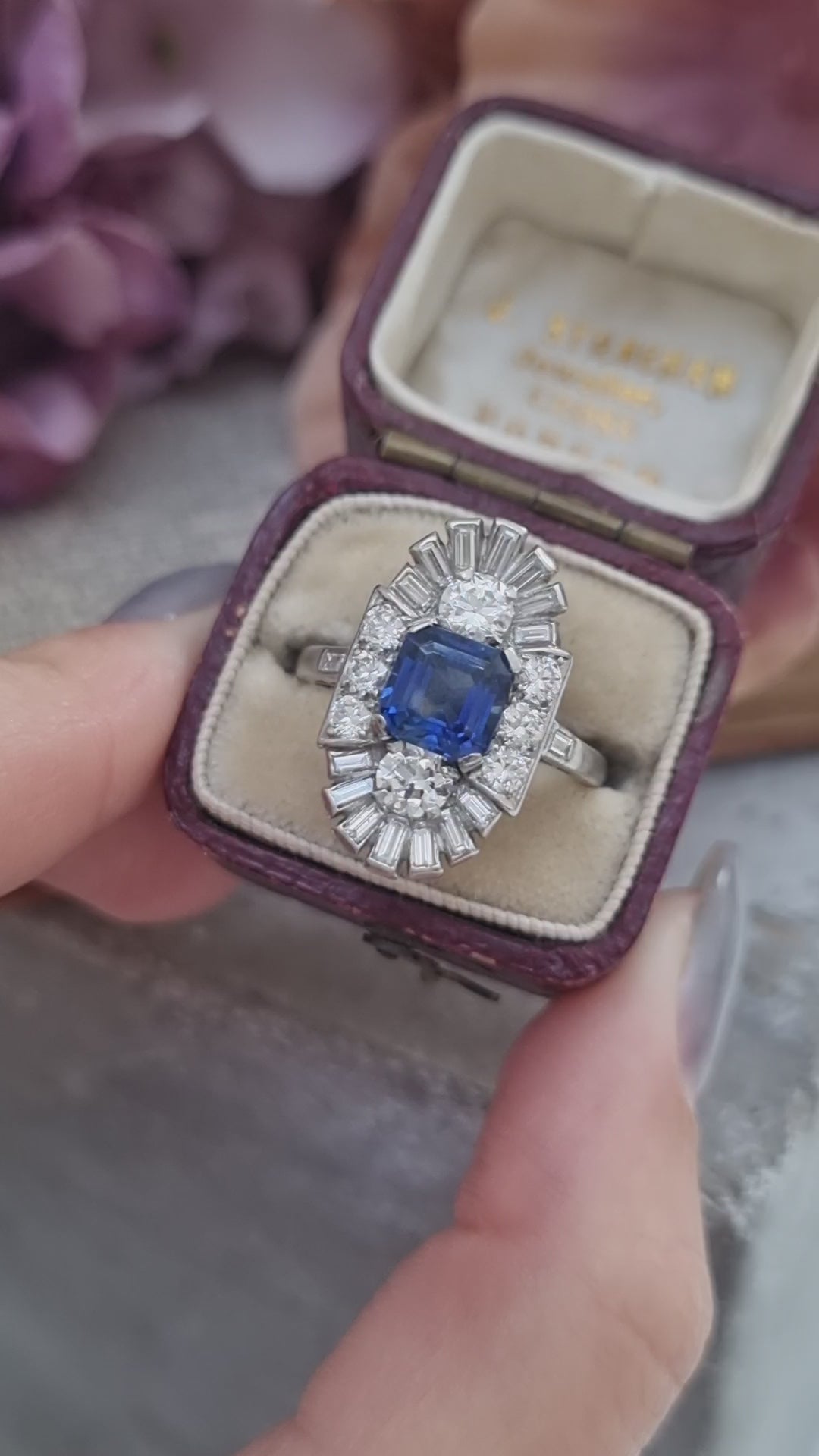 Art Deco Sapphire and Diamond Three Stone Cluster Plaque Ring