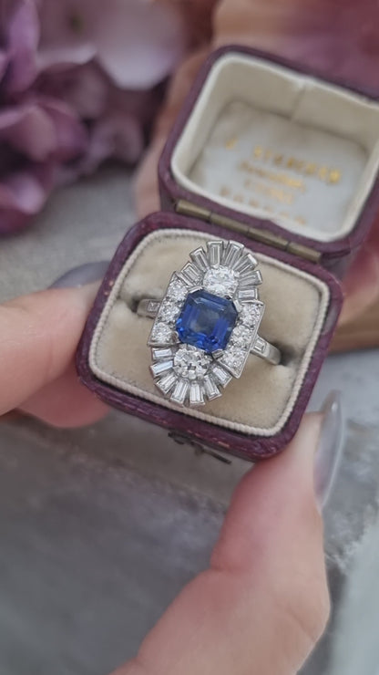 Art Deco Sapphire and Diamond Three Stone Cluster Plaque Ring