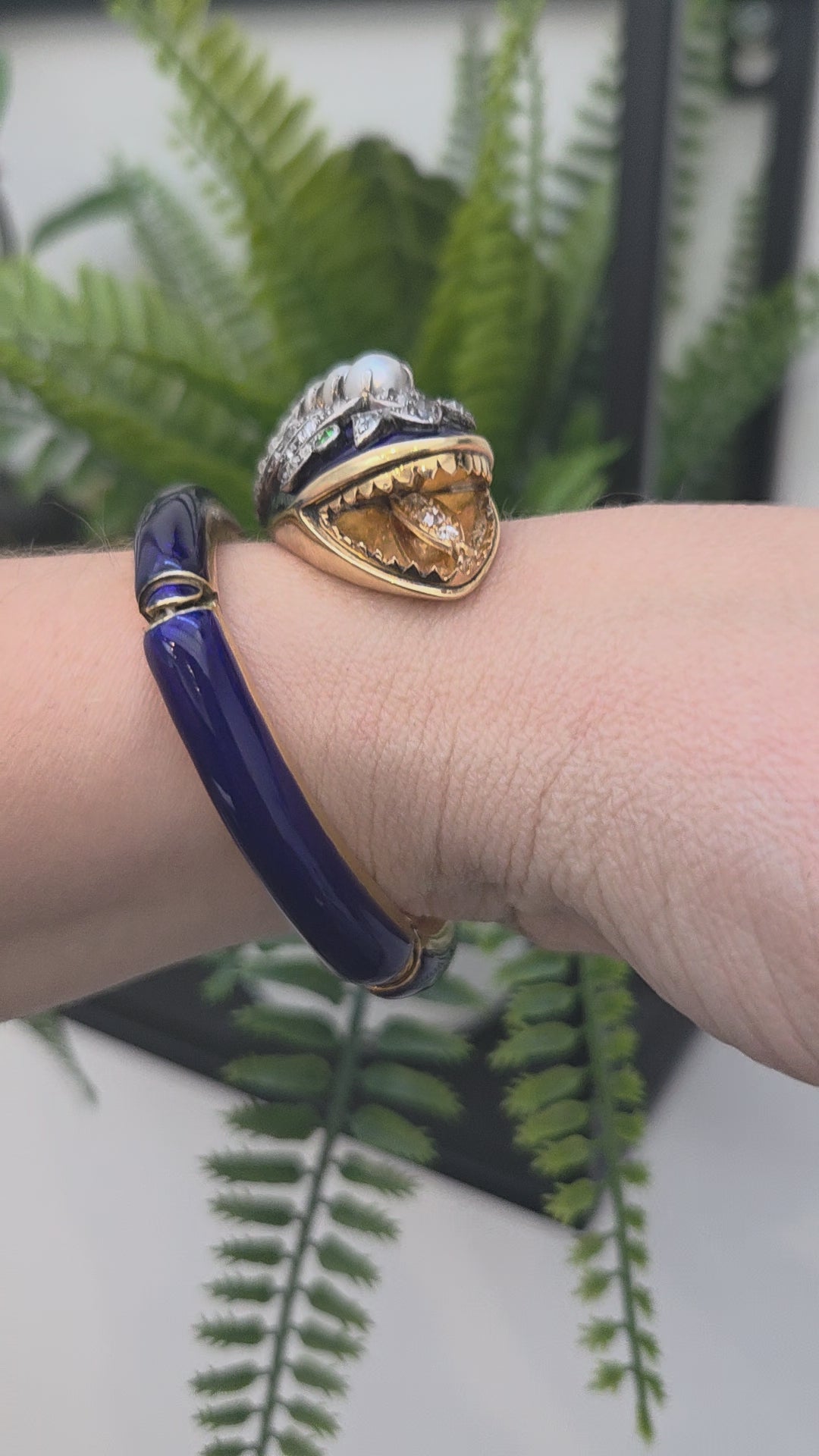 Victorian Antique Blue Enamel Pearl Diamond Set Gold Snake Bangle Bracelet