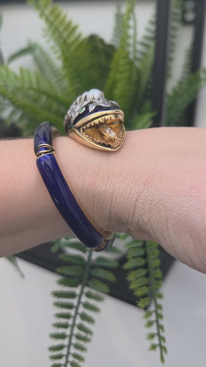 Victorian Antique Blue Enamel Pearl Diamond Set Gold Snake Bangle Bracelet