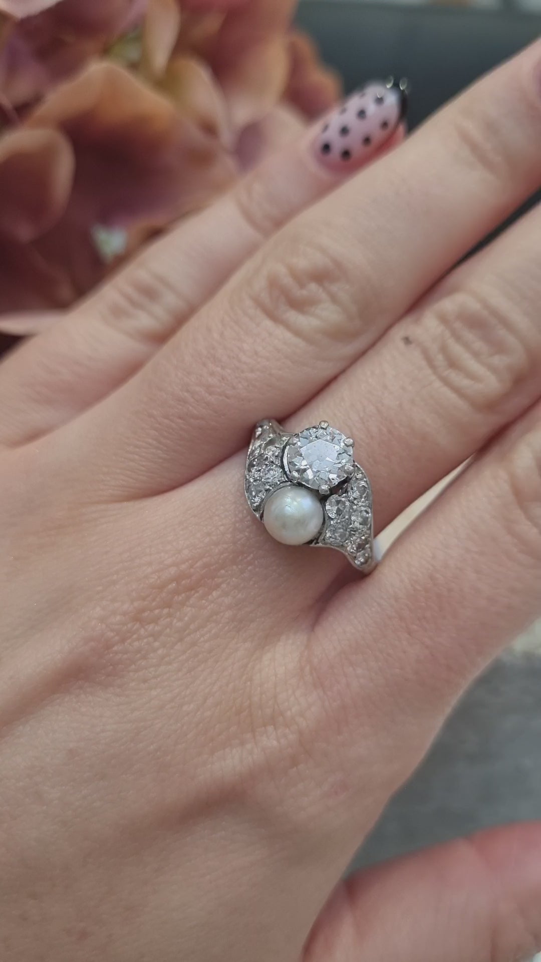 Belle Epoque Natural Pearl and Old Cut Diamond Ring in Platinum
