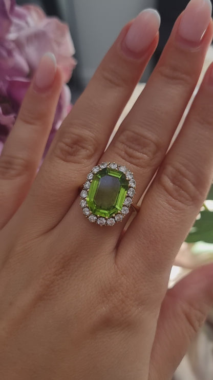 Vintage 6cts Peridot and Diamond Cluster Dress Cocktail Ring, Circa 1940s