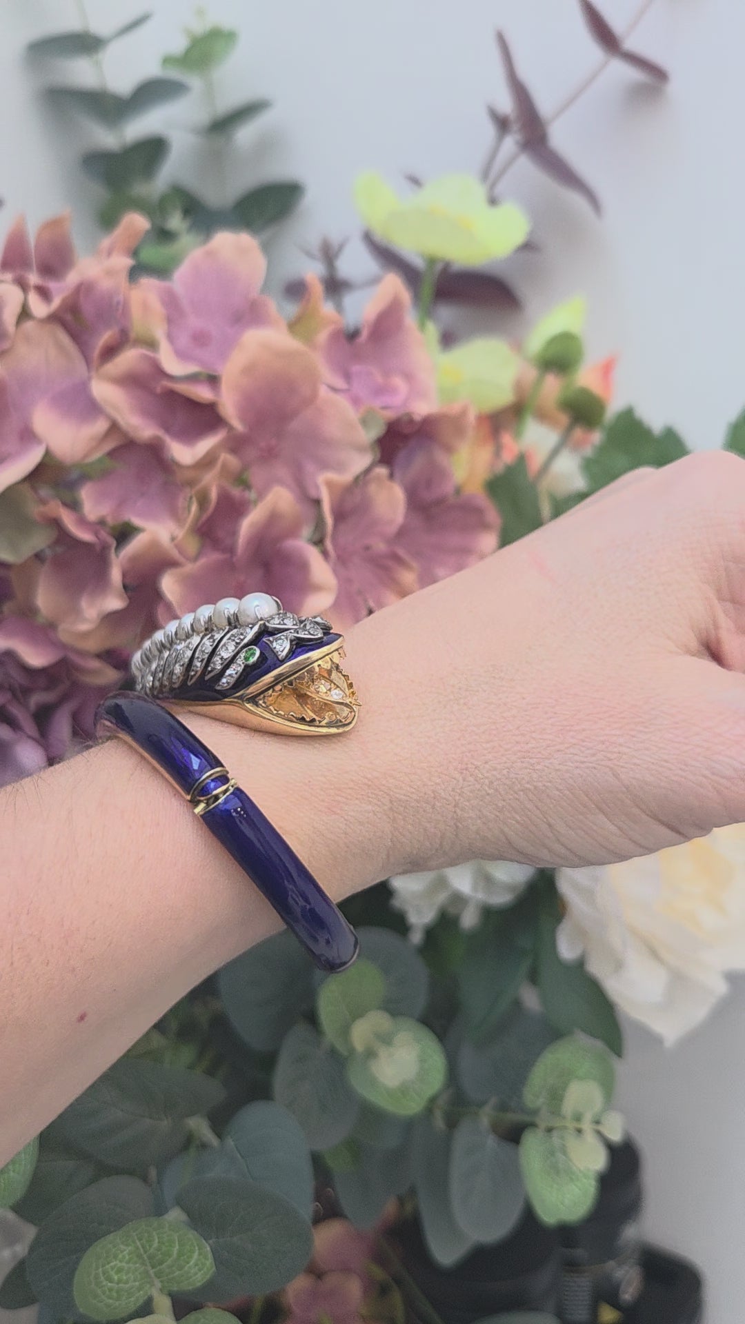 Victorian Antique Blue Enamel Pearl Diamond Set Gold Snake Bangle Bracelet