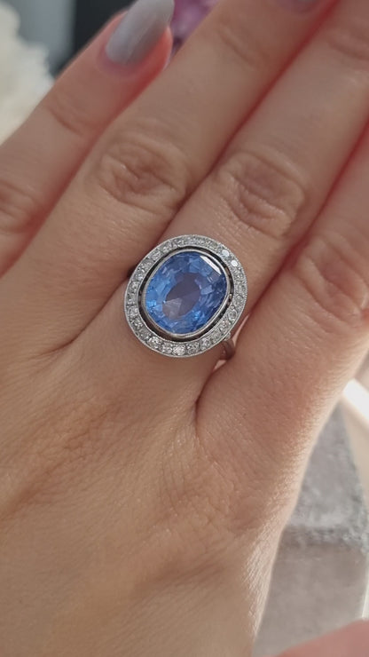 Vintage Art Deco 6ct Ceylon Sapphire and Diamond Cluster Ring
