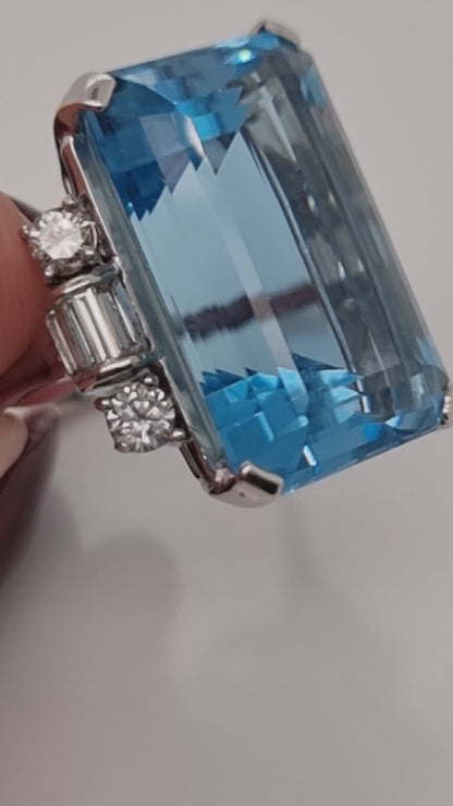 Art Deco Santa Maria Aquamarine and Diamond Cocktail Ring | 15ct Statement Dress Ring