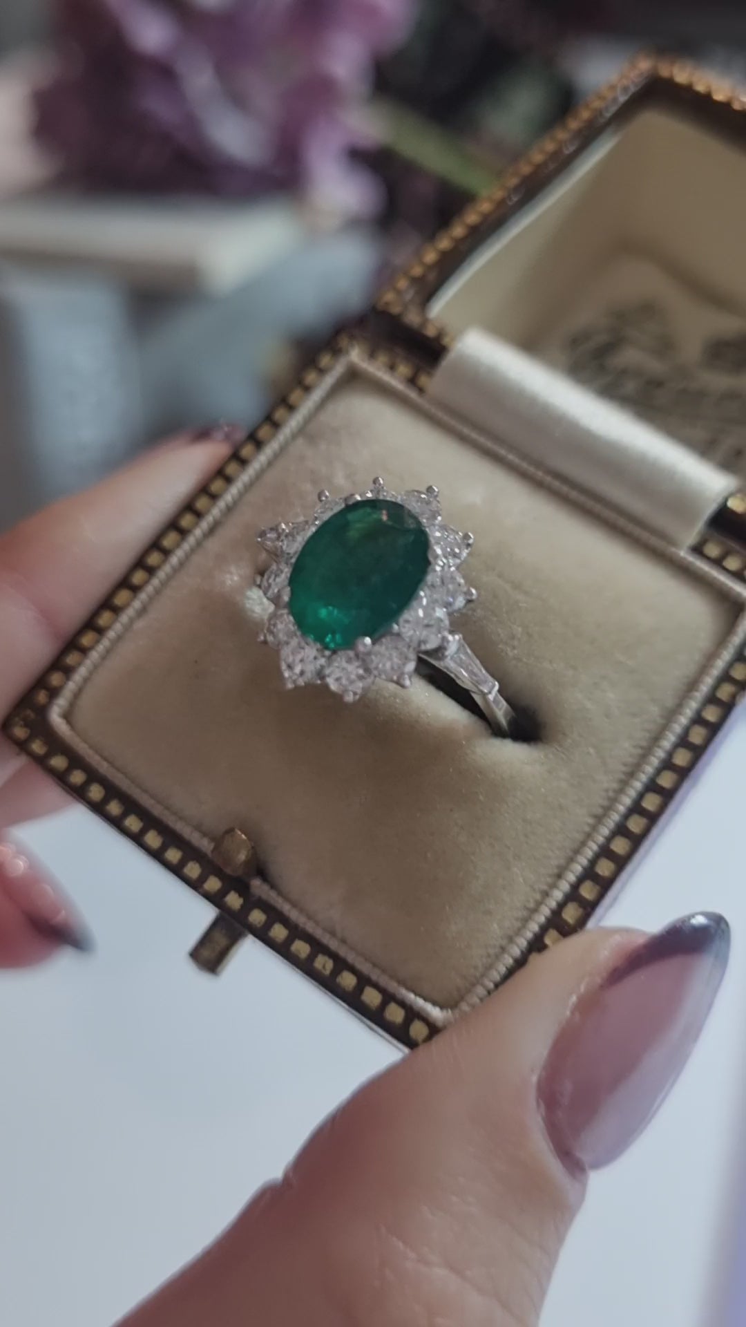 1.54ct Oval Emerald and Diamond Cluster Engagement Ring