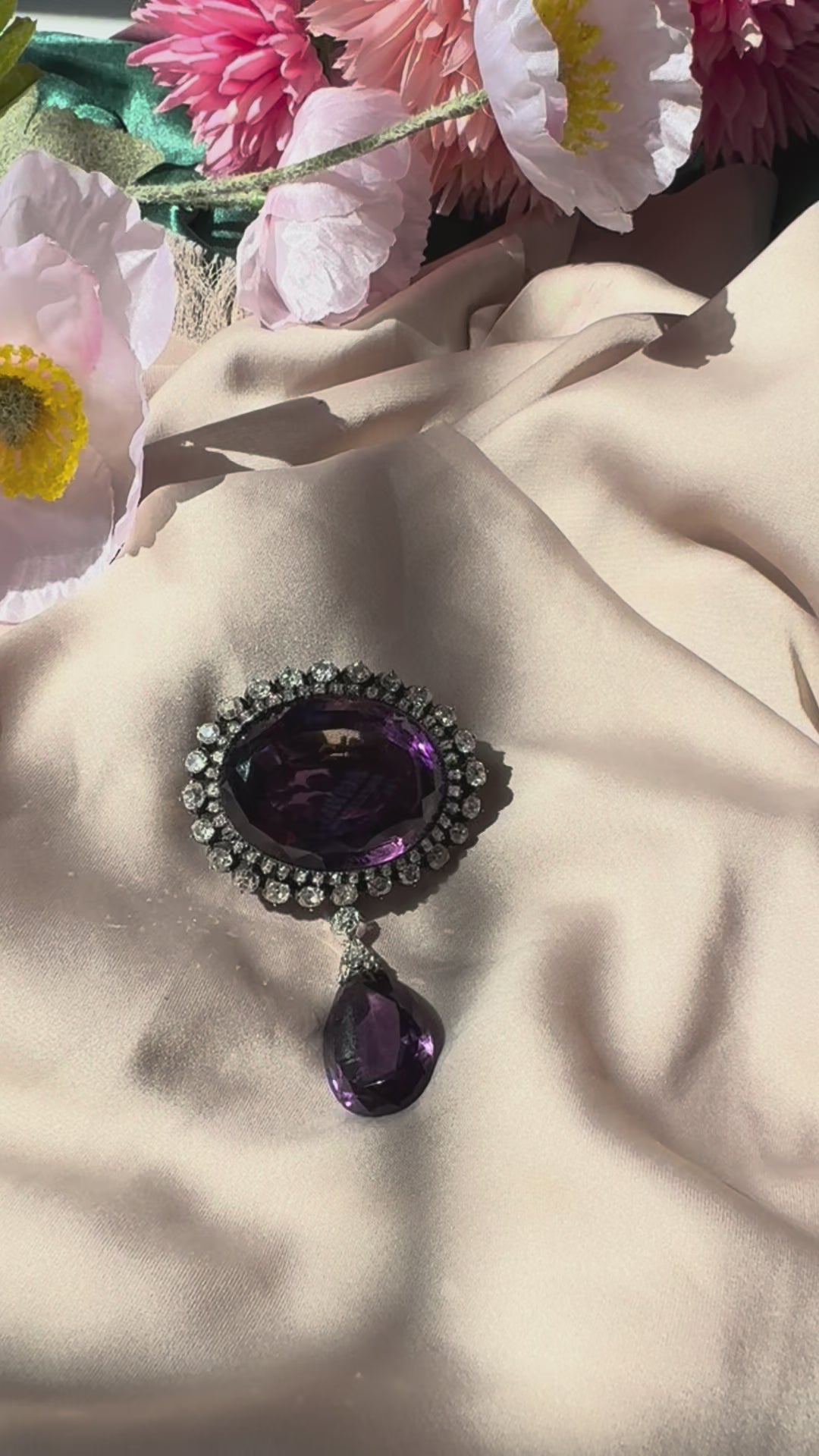 Fine Victorian Antique Amethyst and 7ct Old Cut Diamond Cluster Drop Pendant Brooch