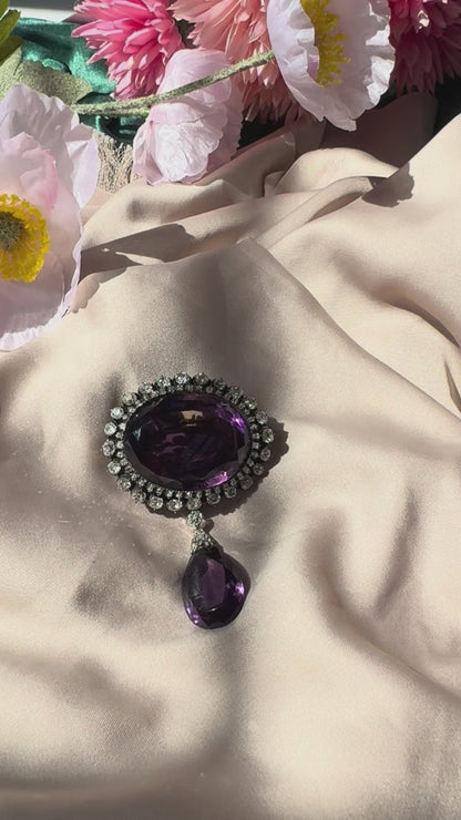 Fine Victorian Antique Amethyst and 7ct Old Cut Diamond Cluster Drop Pendant Brooch