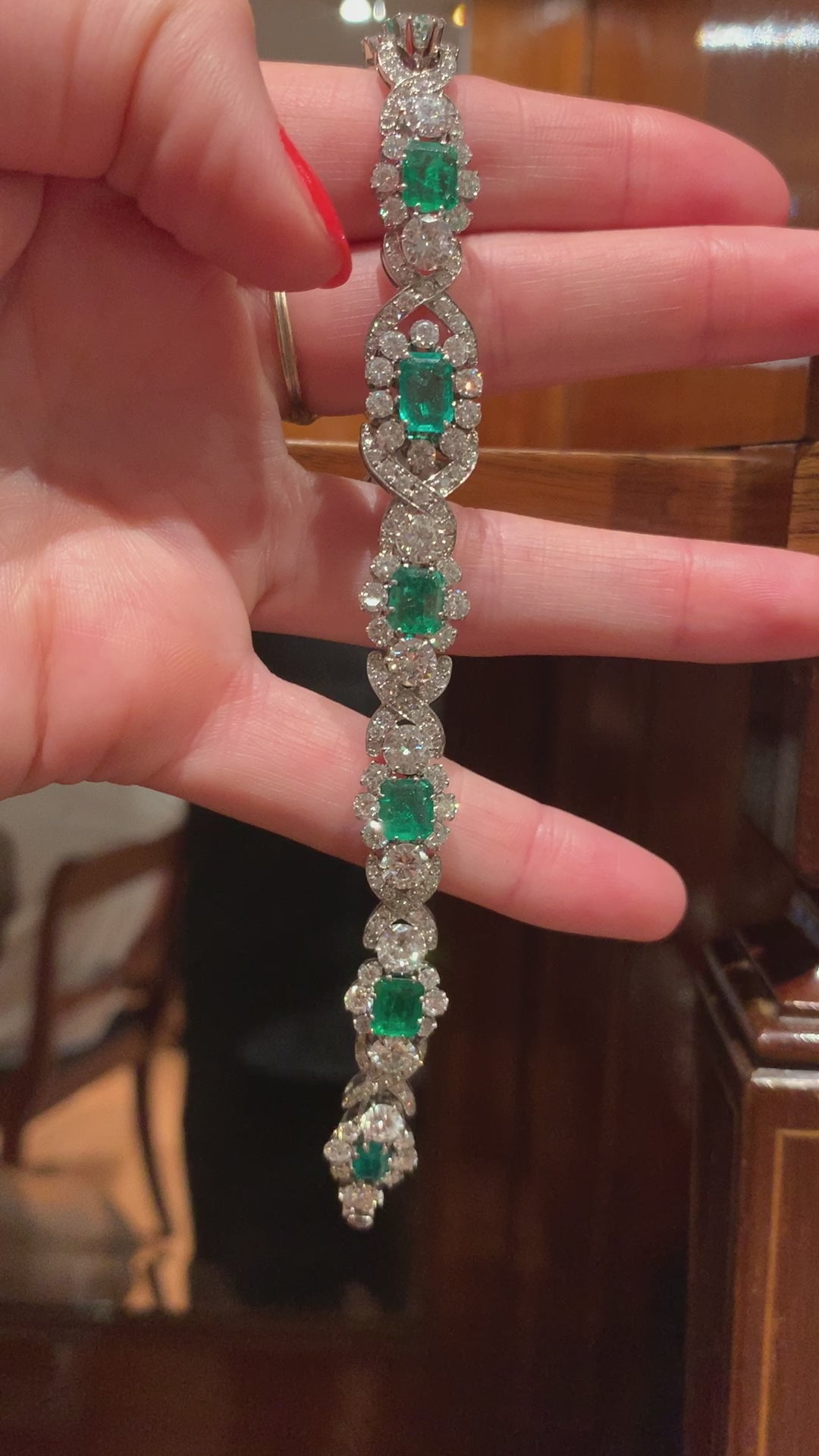 1950's Colombian Emerald and Diamond Bracelet in White Gold