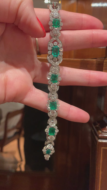 1950's Colombian Emerald and Diamond Bracelet in White Gold