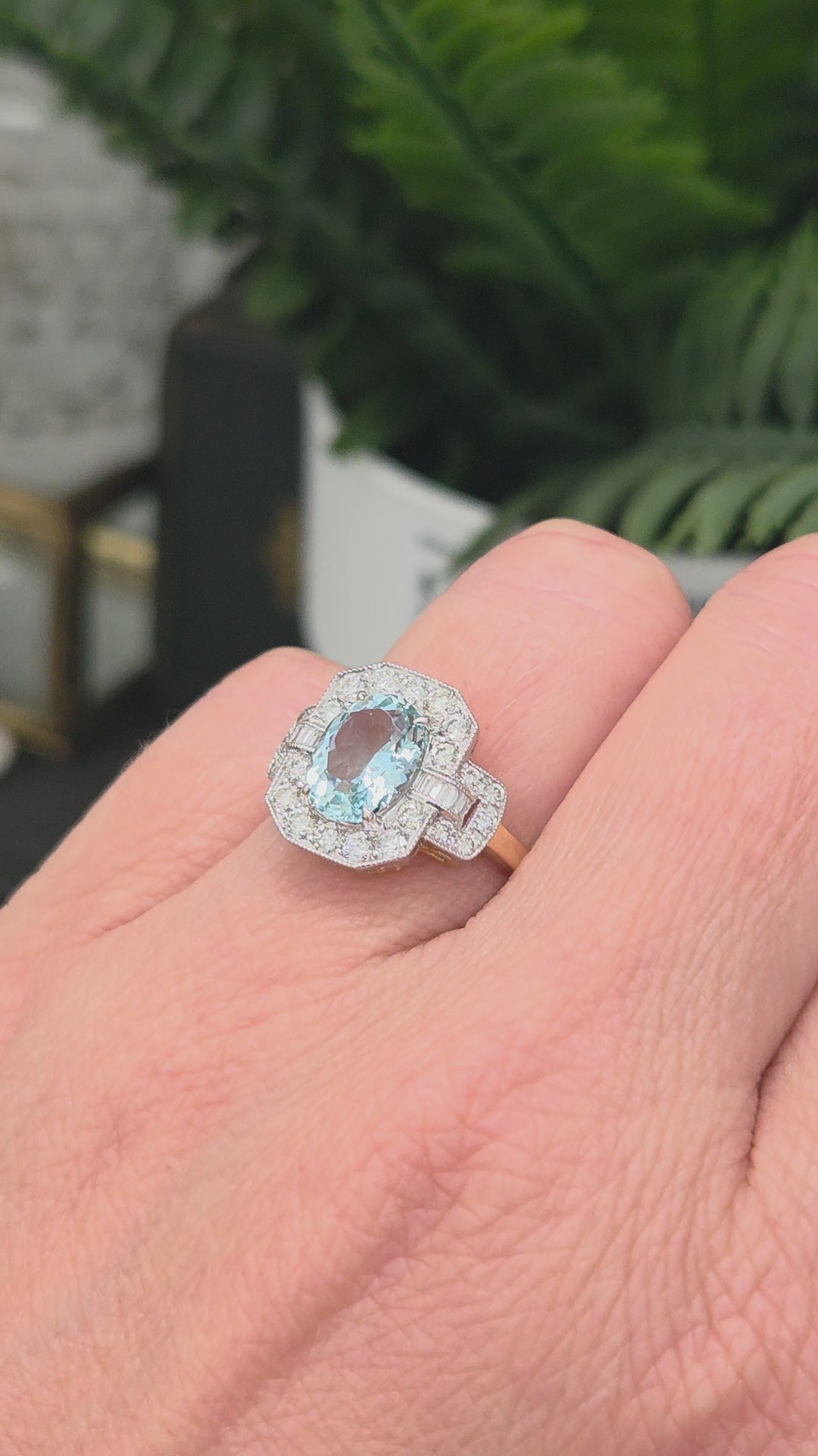 1.64ct Oval Aquamarine and Diamond Cluster Dress Ring with Buckle Shoulders