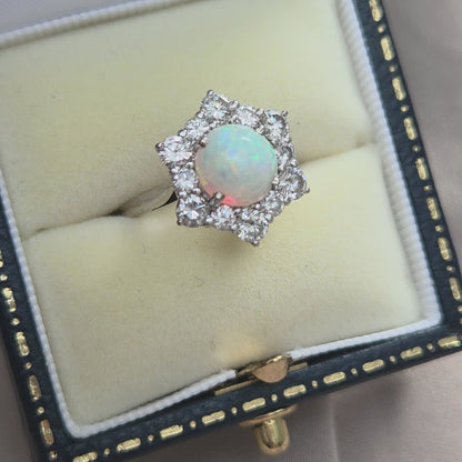 Vintage French Opal and Diamond Hexagonal Star Cluster Engagement Ring