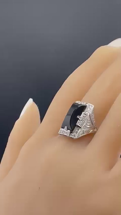 Vintage Art Deco Black Onyx Diamond Platinum Cocktail Ring