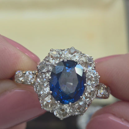Victorian Antique 2.55ct Sapphire and Old Cut Diamond Cluster Ring