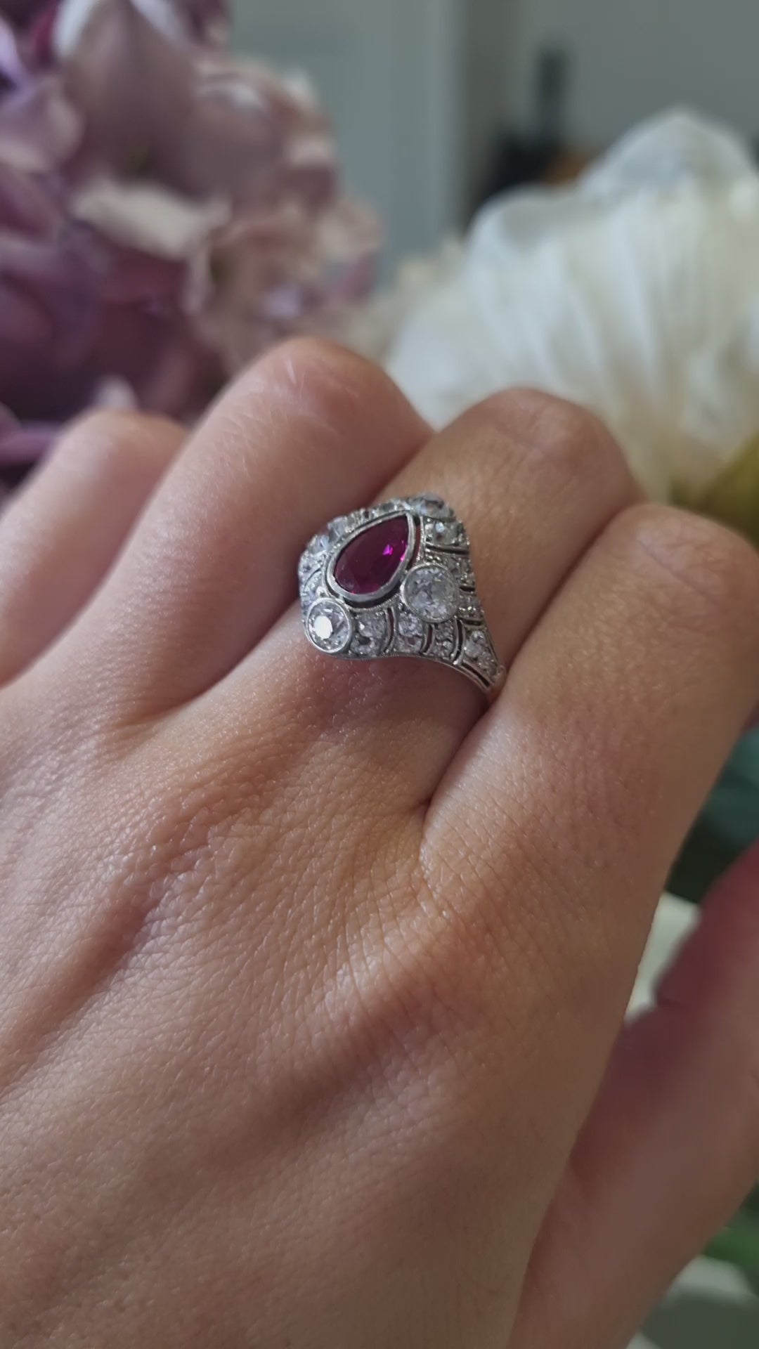 Edwardian Antique Pear Shape Ruby and Diamond Cluster Dress Ring