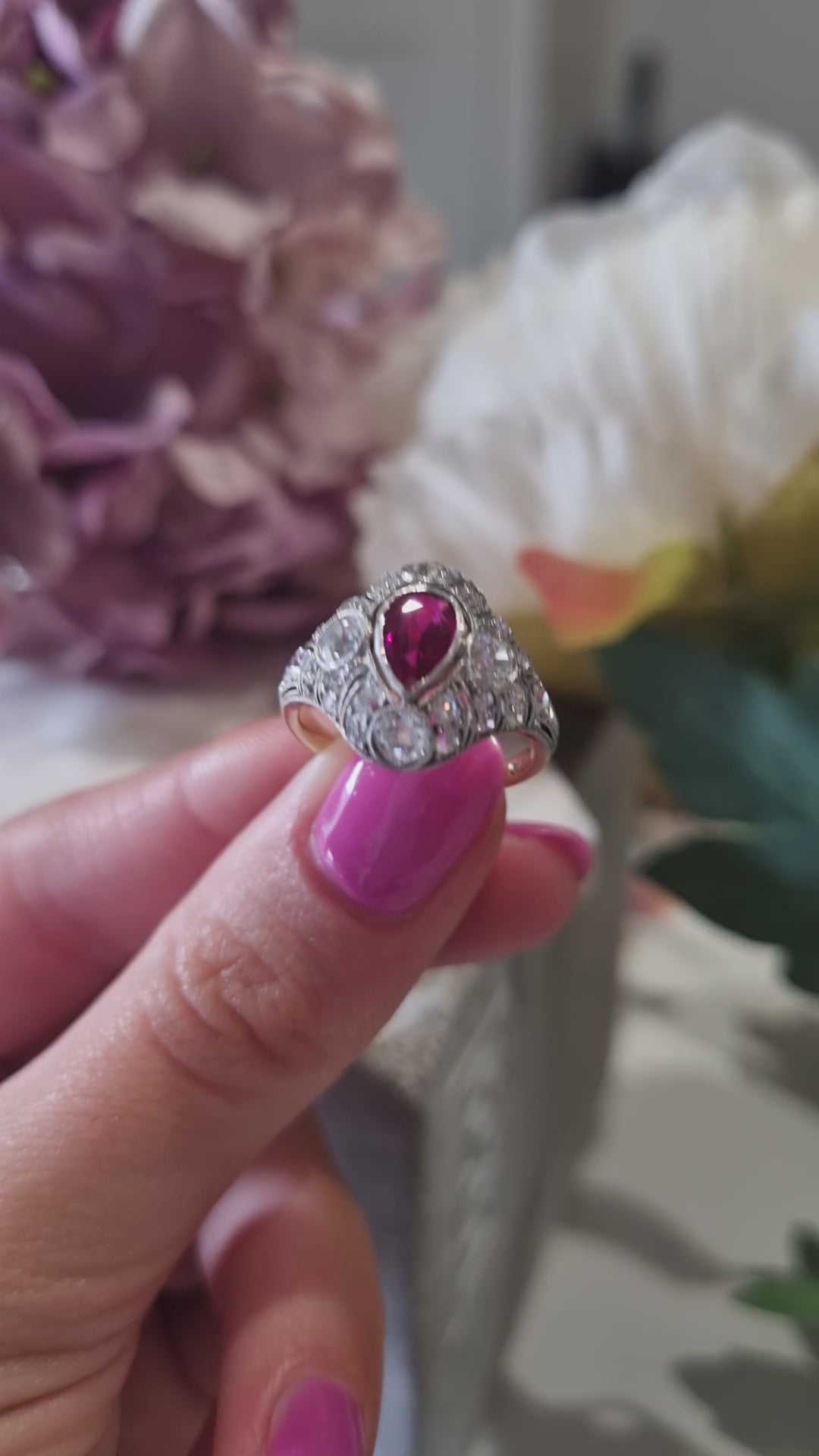 Edwardian Antique Pear Shape Ruby and Diamond Cluster Dress Ring
