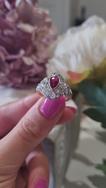 Edwardian Antique Pear Shape Ruby and Diamond Cluster Dress Ring
