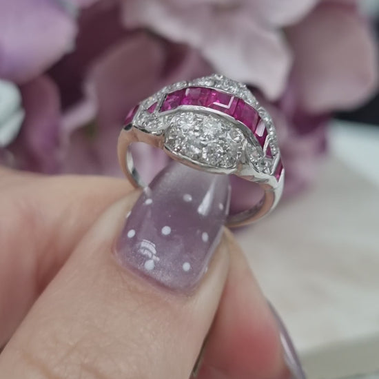 Art Deco Burma Ruby and Diamond Cluster Dress Ring