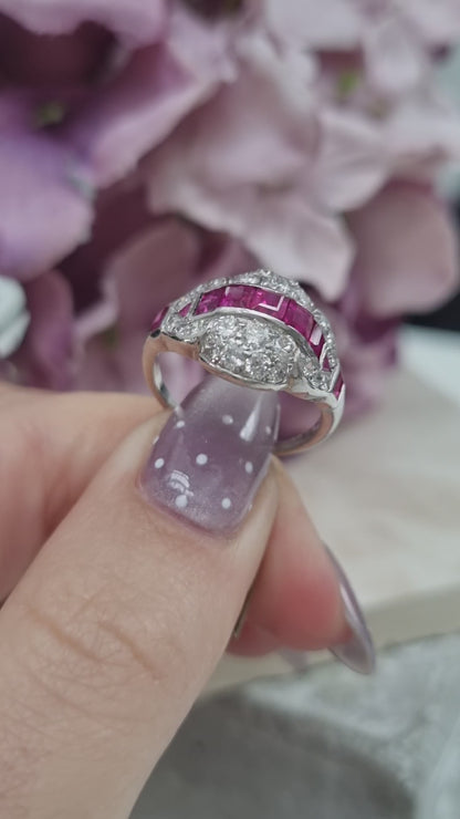 Art Deco Burma Ruby and Diamond Cluster Dress Ring