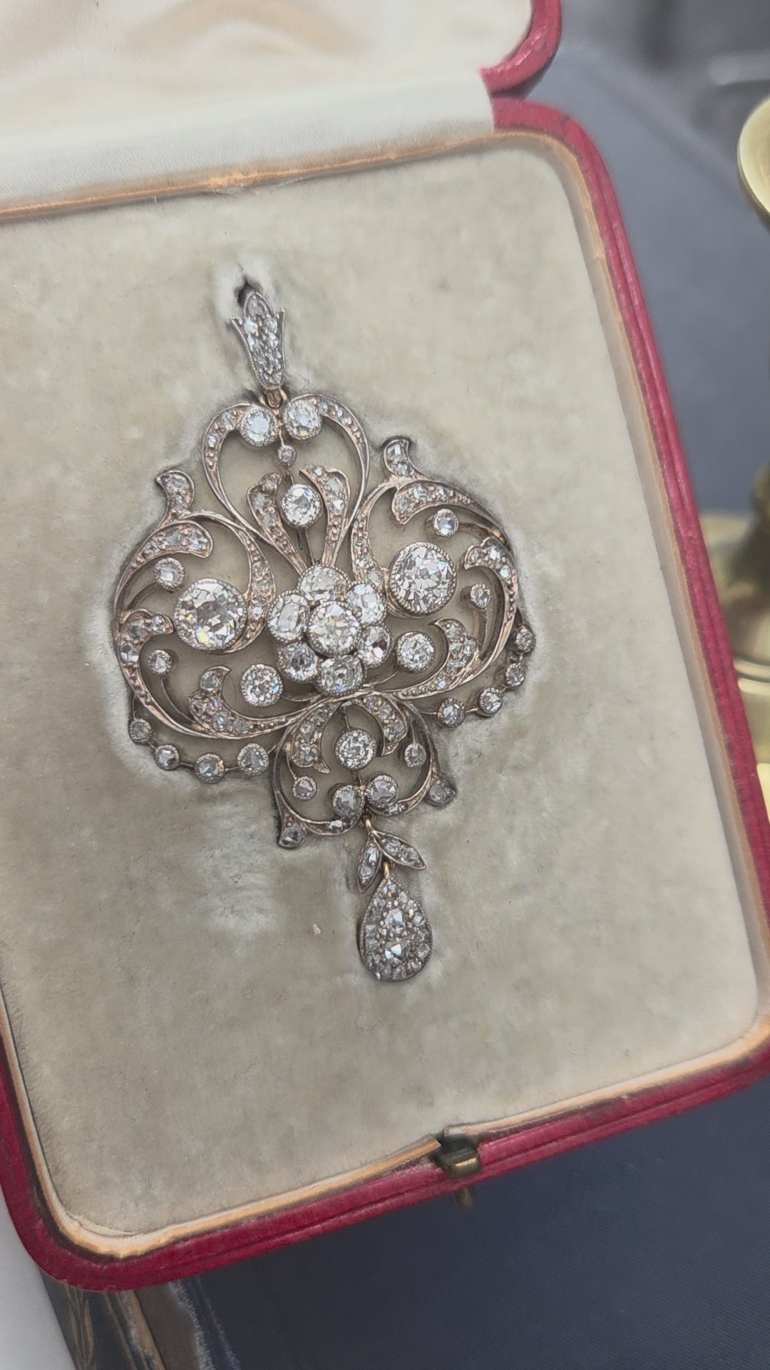 Victorian Antique Old Cut Diamond Scroll Drop Pendant