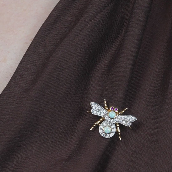 Opal and Diamond Bee Brooch with Ruby Eyes in 14ct Gold