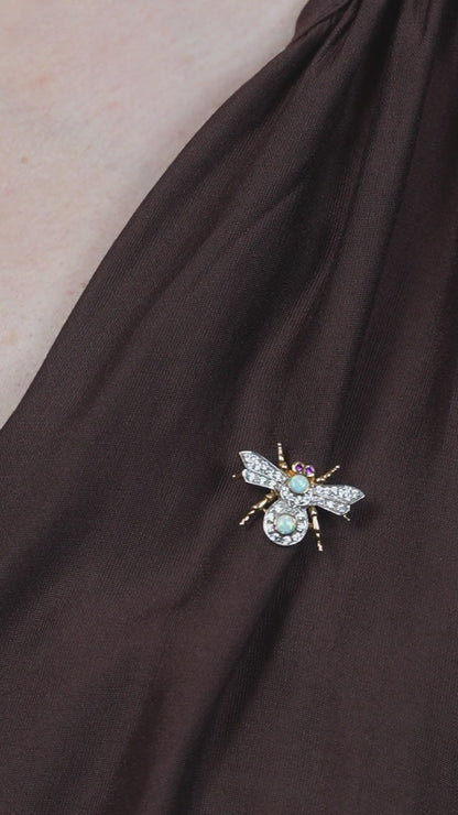 Opal and Diamond Bee Brooch with Ruby Eyes in 14ct Gold