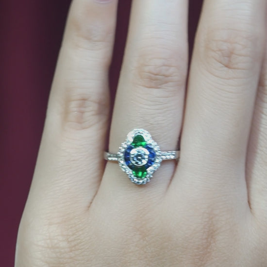 Diamond Sapphire and Emerald Cluster Engagement Ring in 18ct White Gold