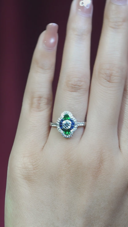 Diamond Sapphire and Emerald Cluster Engagement Ring in 18ct White Gold