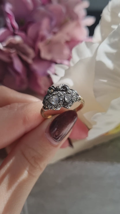 Antique Rose Cut Diamond Double Heart and Bow Ring