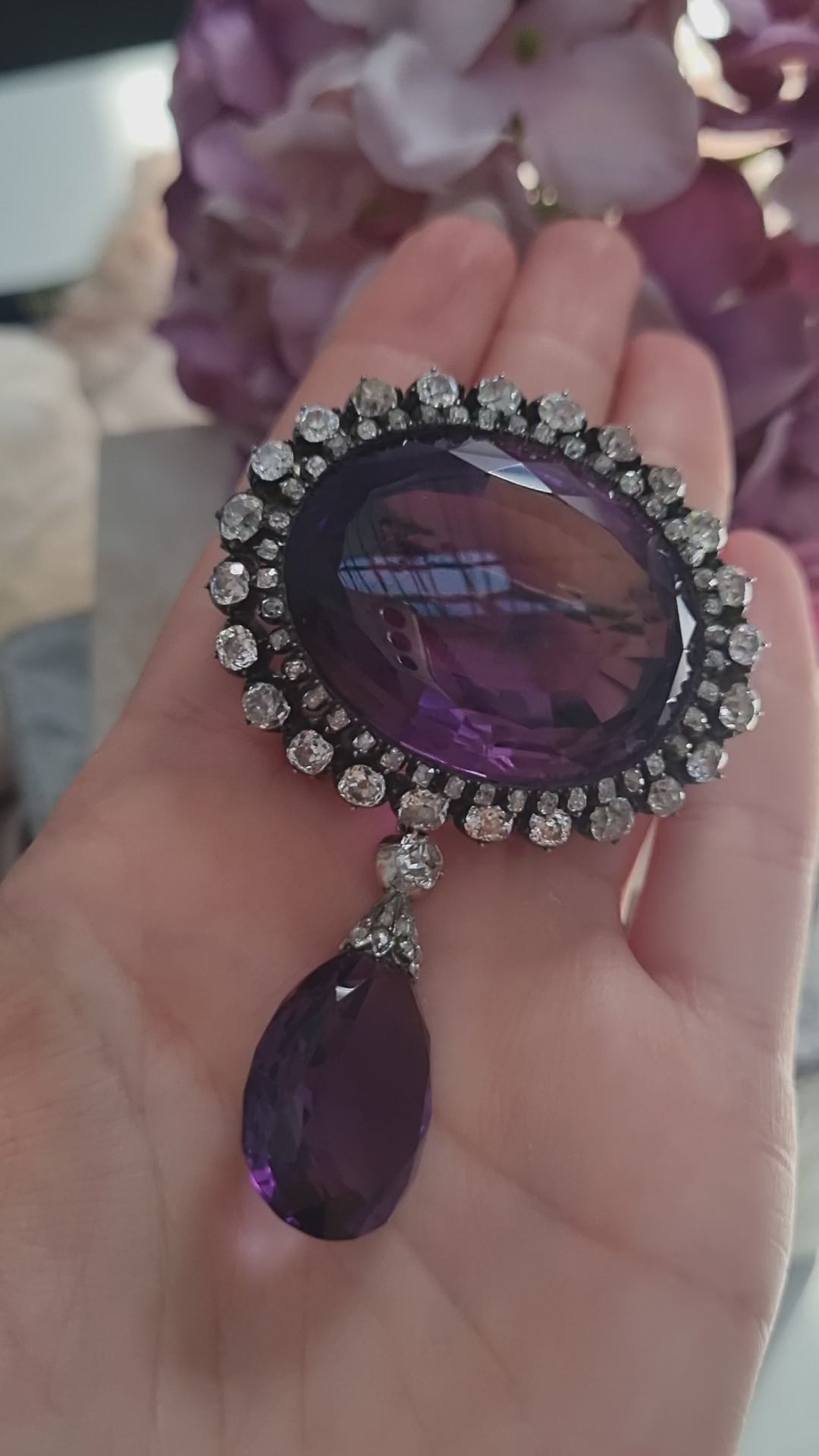 Fine Victorian Antique Amethyst and 7ct Old Cut Diamond Cluster Drop Pendant Brooch