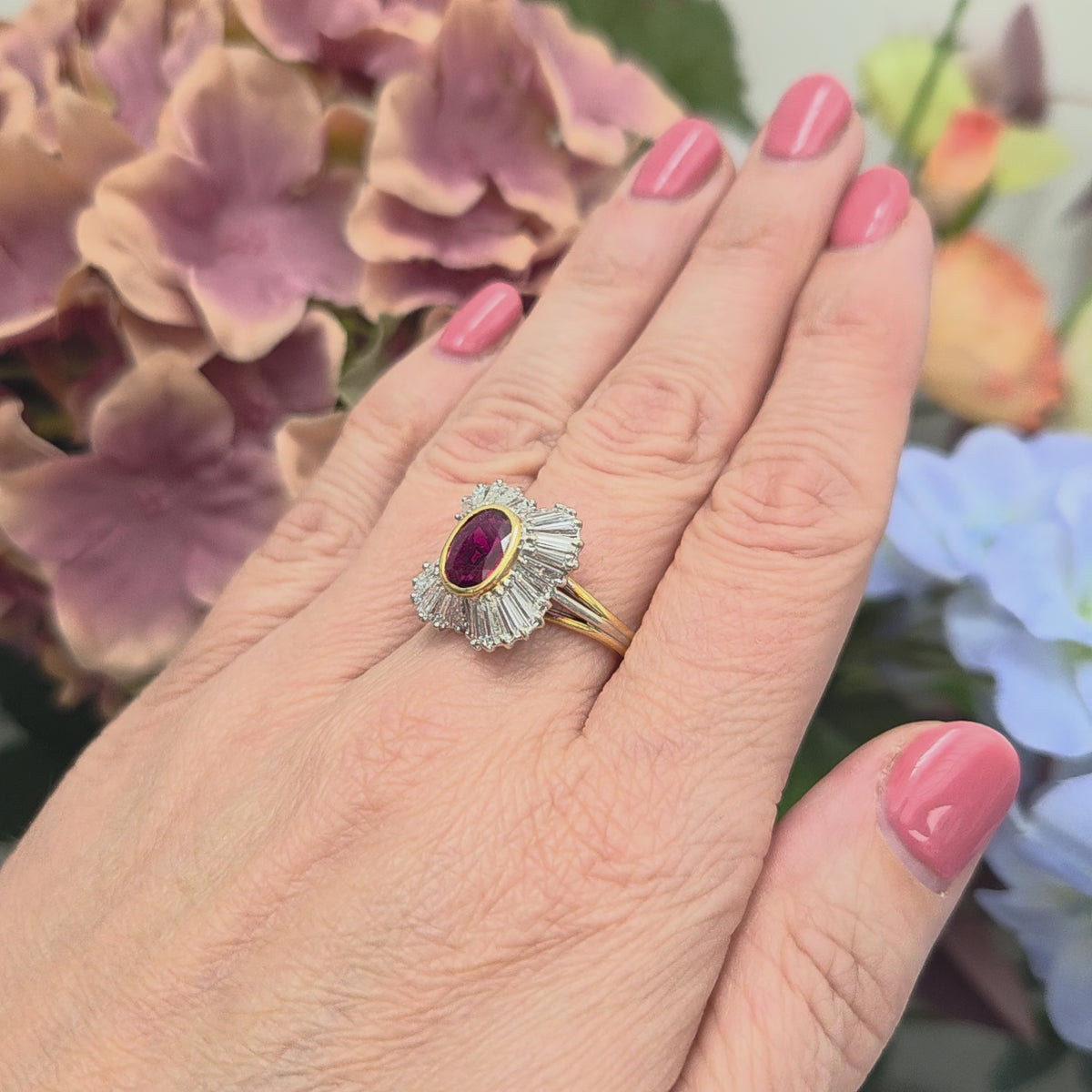 Oval Ruby and Tapered Baguette Diamond Ballerina Cluster Ring