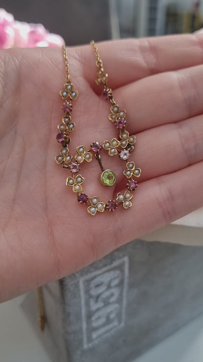 Edwardian Antique Peridot Tourmaline and Pearl Garland Festoon Necklace