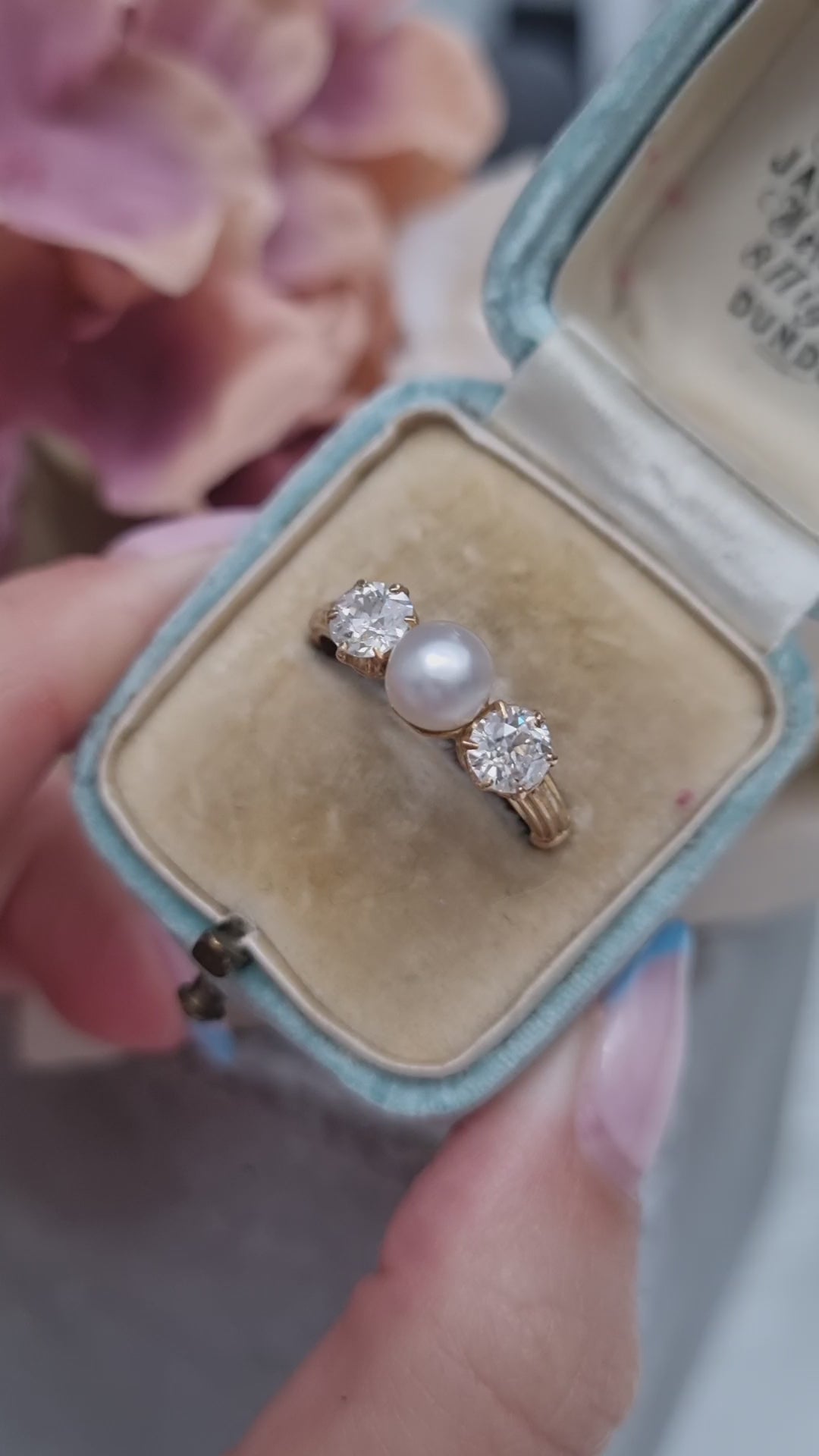 Victorian Antique Natural Pearl and Old Cut Diamond Three Stone Engagement Ring