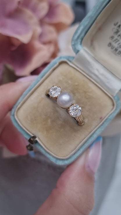 Victorian Antique Natural Pearl and Old Cut Diamond Three Stone Engagement Ring