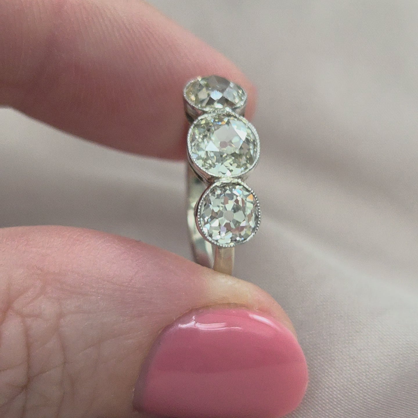 Antique 1.8ct Old European Cut Diamond Three Stone Engagement Ring