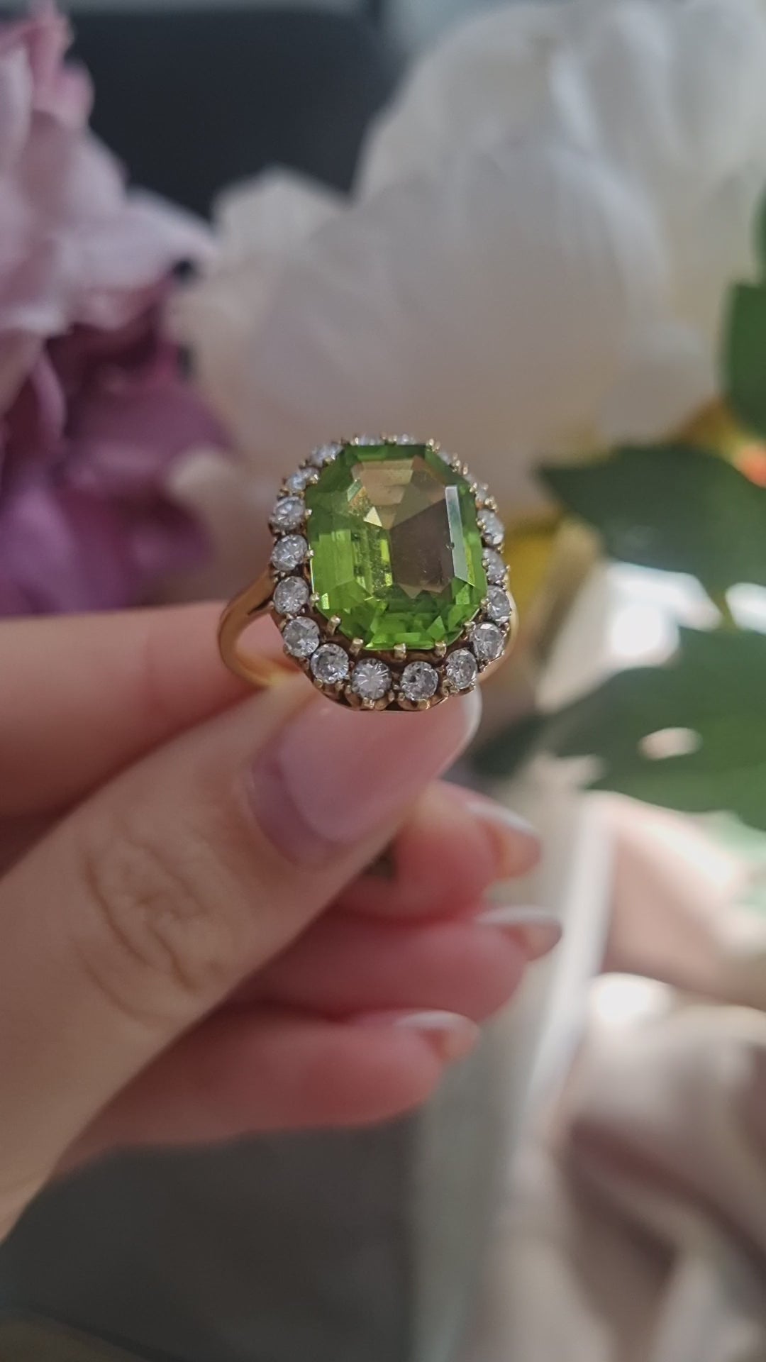 Vintage 6cts Peridot and Diamond Cluster Dress Cocktail Ring, Circa 1940s