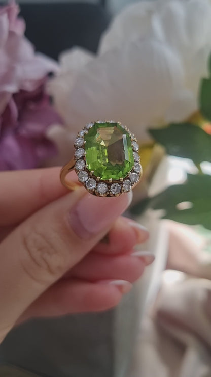 Vintage 6cts Peridot and Diamond Cluster Dress Cocktail Ring, Circa 1940s
