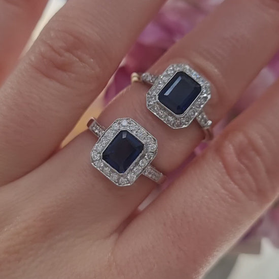 Vintage Art Deco Style Sapphire and Diamond Cluster Engagement Ring in 18ct White Gold
