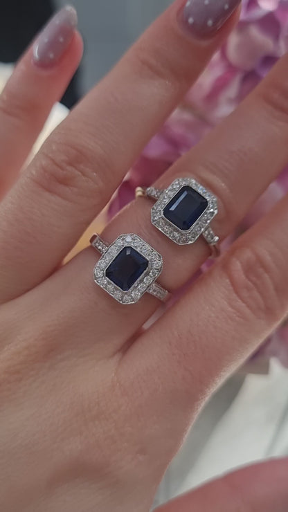 Vintage Art Deco Style Sapphire and Diamond Cluster Engagement Ring in 18ct White Gold