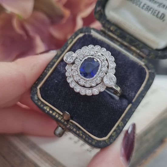 Antique French Sapphire and Diamond Double Cluster Ring