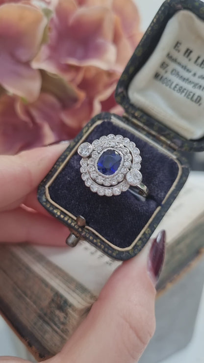 Antique French Sapphire and Diamond Double Cluster Ring