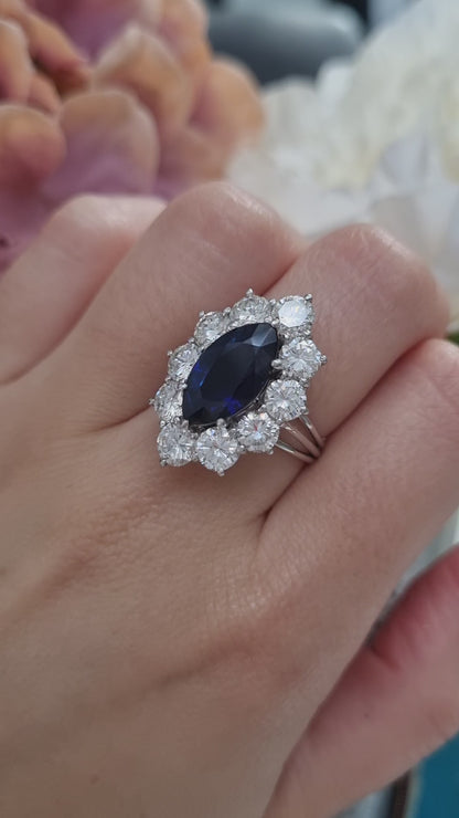 Vintage 3.5ct Marquise Royal Blue Sapphire and Diamond Navette Cluster Ring
